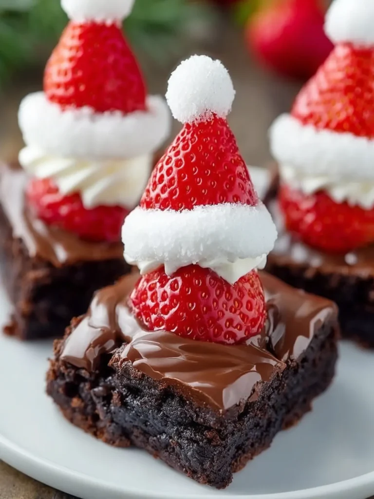 Chocolate Brownies with Strawberry Santa Hats First Image