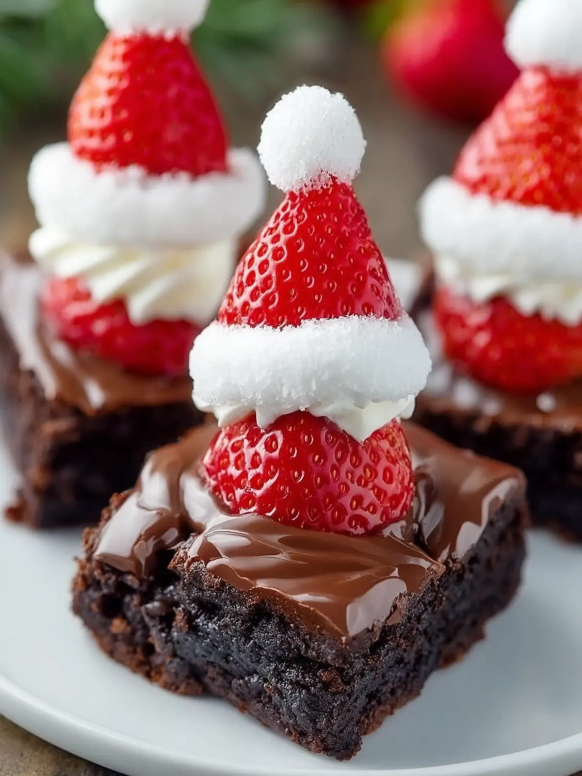 Chocolate Brownies with Strawberry Santa Hats First Image