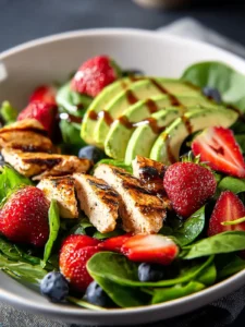 Avocado Strawberry Spinach Salad with Grilled Chicken First Image