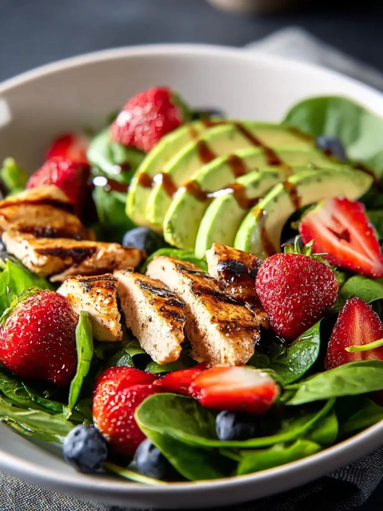 Avocado Strawberry Spinach Salad with Grilled Chicken First Image