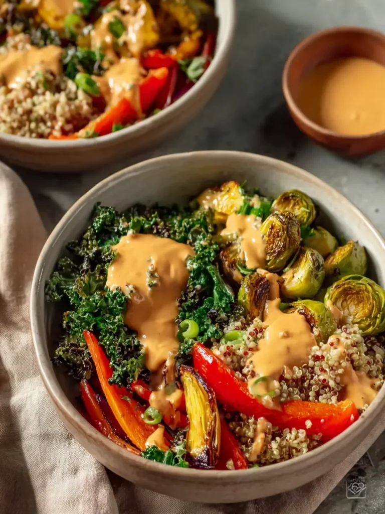 Quinoa & Roasted Vegetable Bowls with Creamy Peanut Sauce First Image